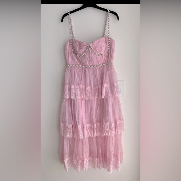 Self Portrait PINK DOT MESH TIER MIDI DRESS - Picture 2 of 3